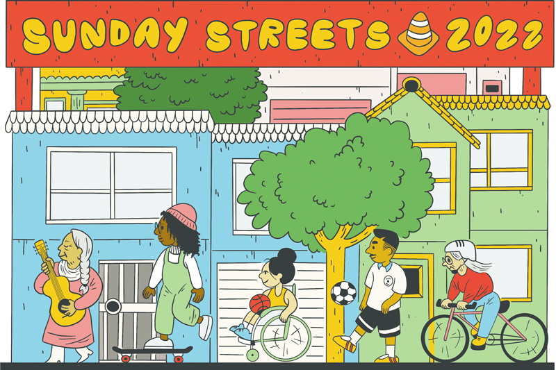 Illustration of people in a neighborhood, "Sunday Streets 2022"
