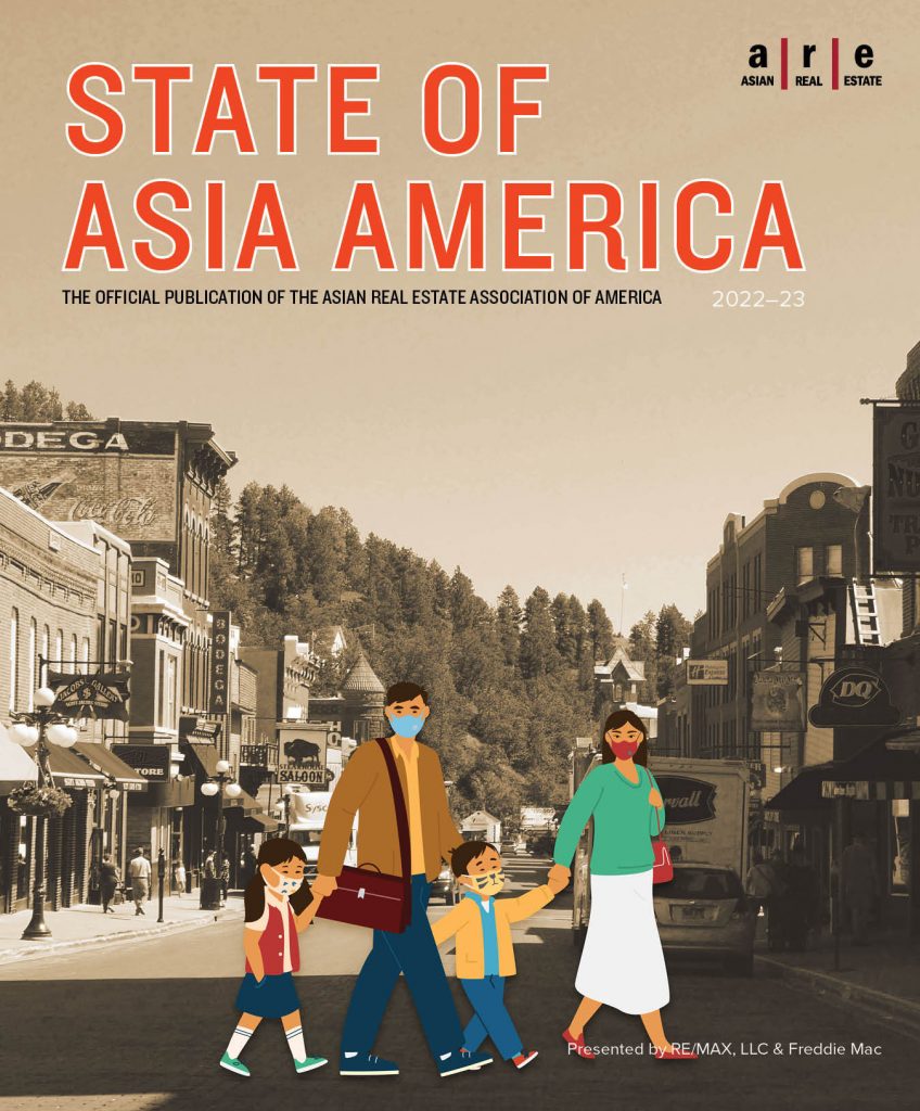 "State of Asia America" "The Official Publication of the Asian Real Estate Association of America" "Sepia photo of street, Illustrated graphic of family wearing masks crossings the street