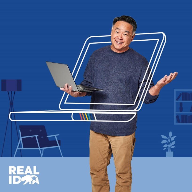 Man holding a laptop, "Real ID" 