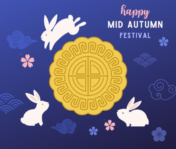 Mooncake, flowers, rabbits, "happy mid autumn festival" 