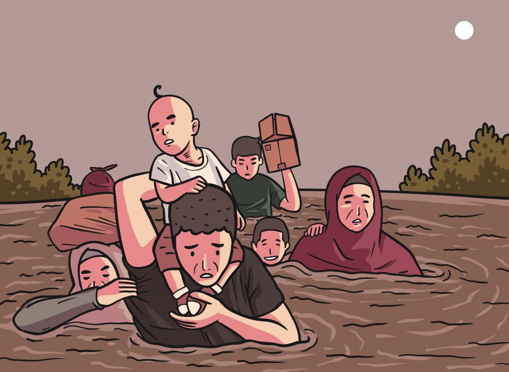 Illustration of family wading through flood carrying items